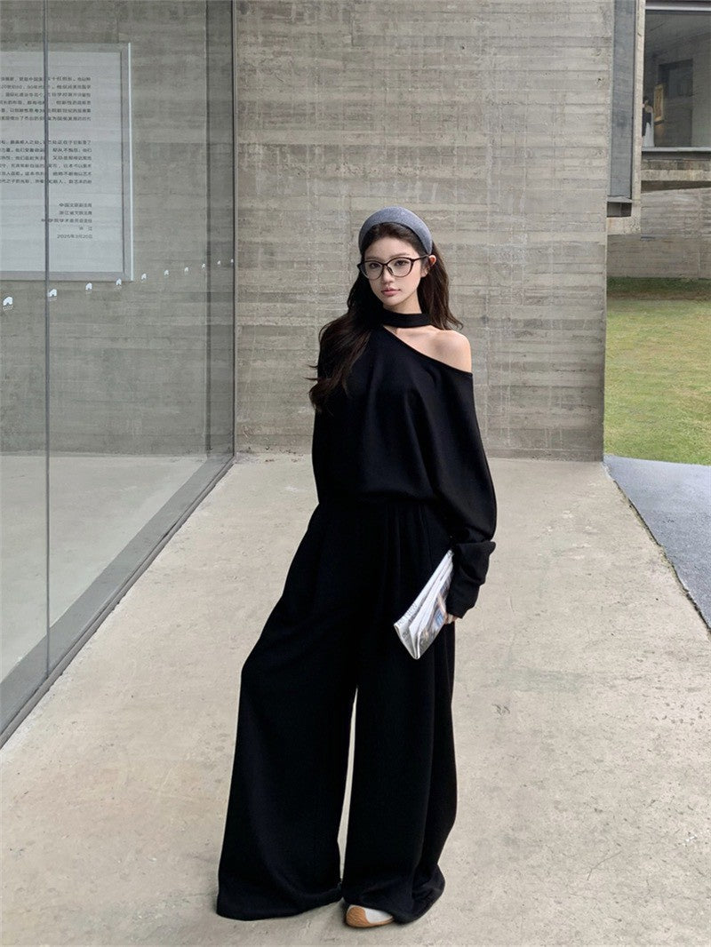 NA+ 美式鬆弛 不規則露肩衛衣 休閒褲 黑