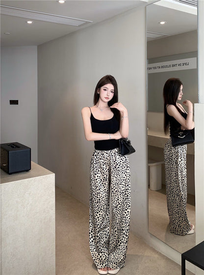Na+ 居家休閒復古豹紋彈力喇叭褲