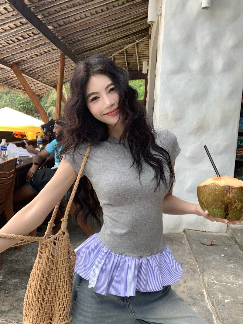 NA+ 俏皮荷葉拼接正肩上衣 灰/藏藍