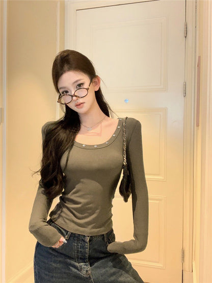 Na+ 基礎簡約圓釘U領上衣 軍綠/白/黑