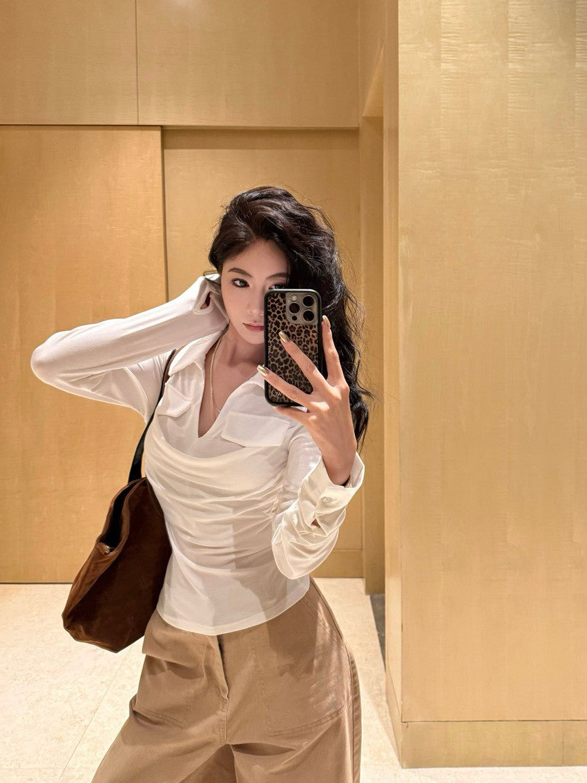 NA+ 職風休閒假兩件疊穿polo領正肩修身上衣 白/黑