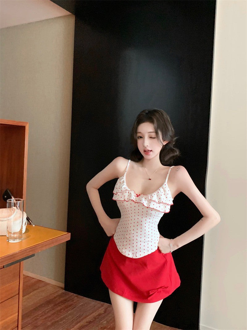 Na+ 居家愛穿 低V荷葉細肩背心 波點款/豹紋花