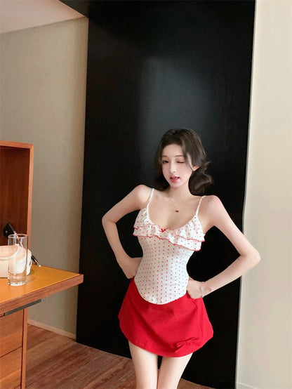 Na+ 居家愛穿 低V荷葉細肩背心 波點款/豹紋花