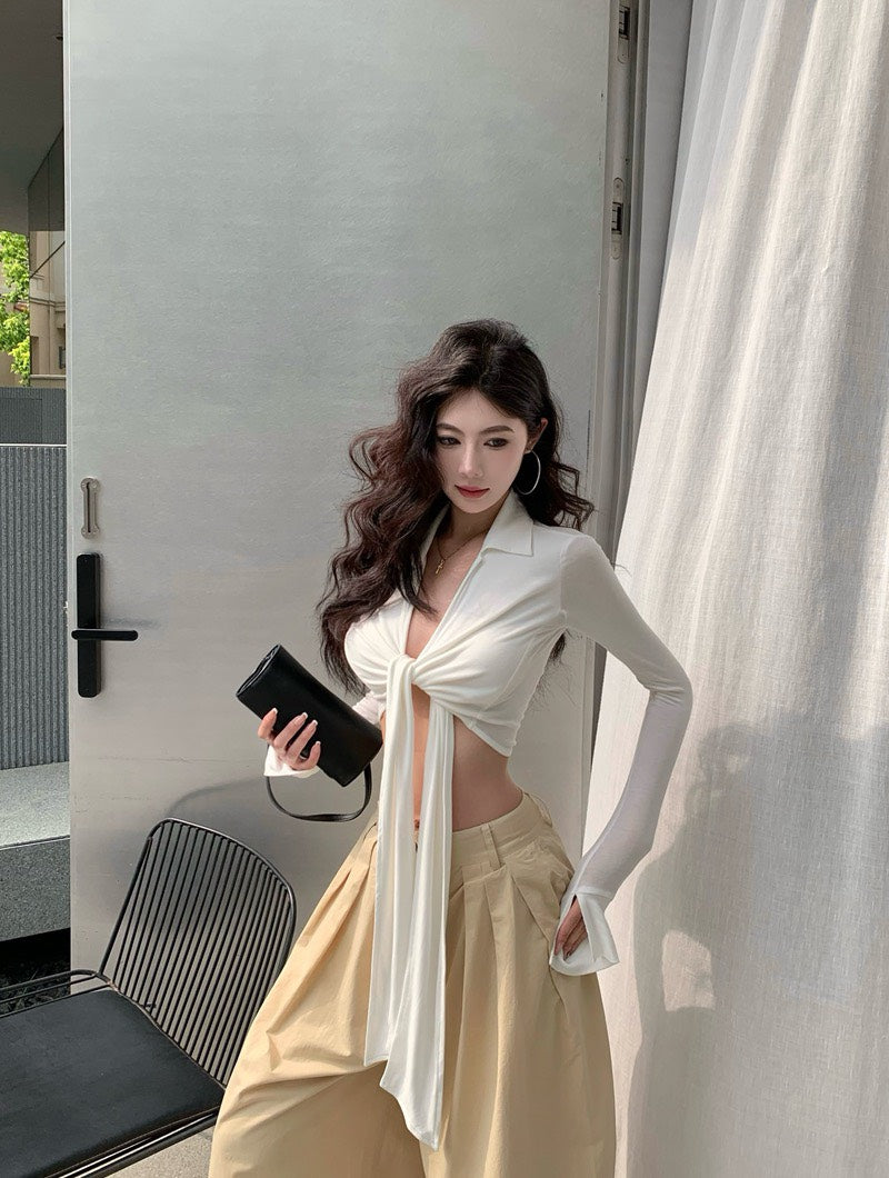 NA+ 性感辣妹polo領短款綁帶上衣 米