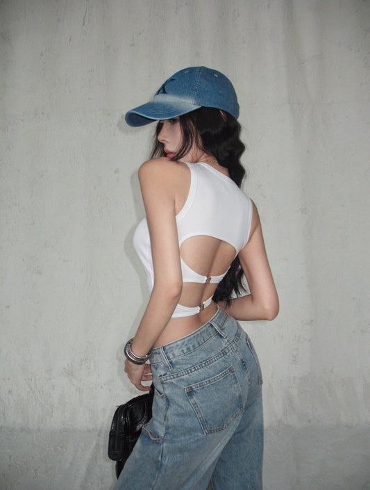 NA+ 辣妹後背縷空設計彈力背心 白/灰/黑