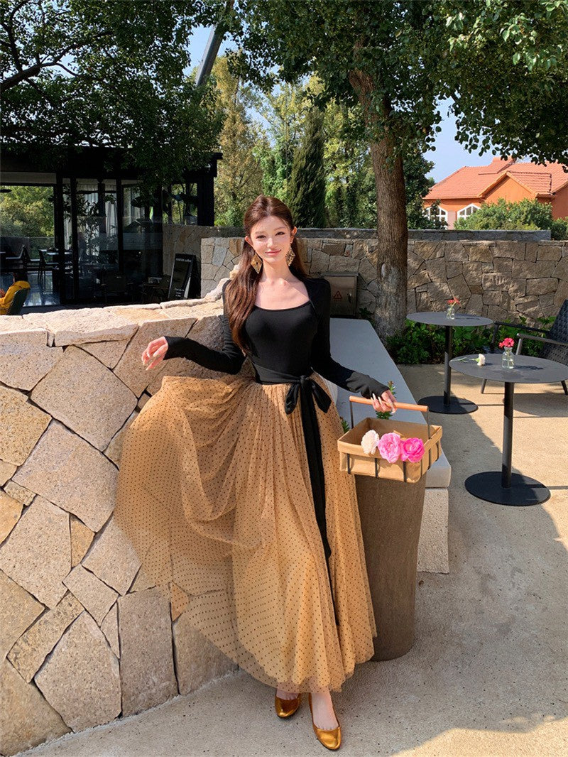 NA+ 許妍千金 蝴蝶綁帶復古撞色連身裙