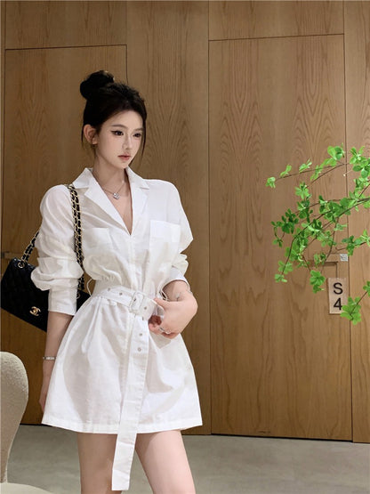 NA+ 韓女極簡主義西式襯衫收腰裙 白