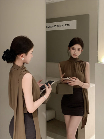 NA+ 溫柔製造 美學飄帶雪紡背心 咖