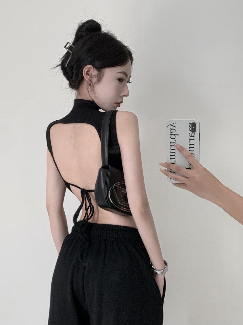 NA+ 美背特輯高領露臍綁帶背心 黑/卡其