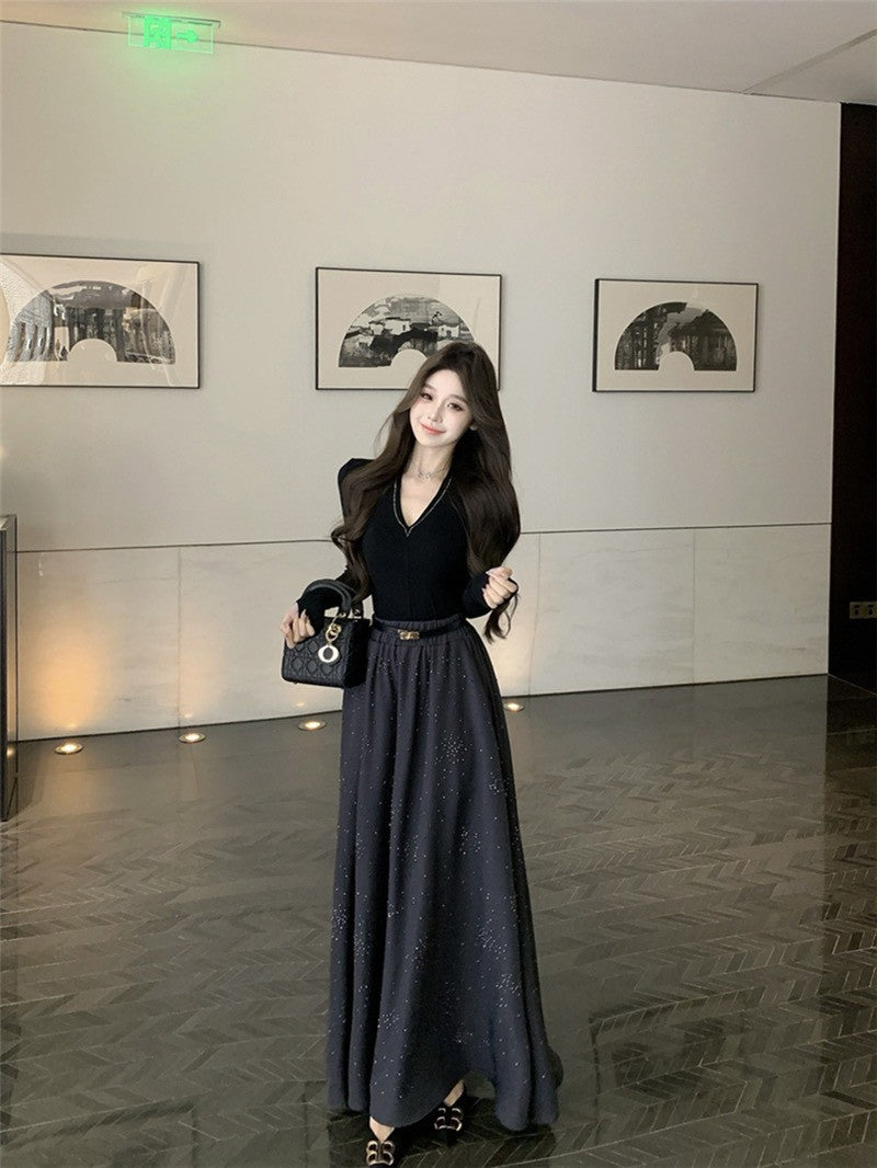 NA+ 輕奢復古修身上衣 燙鑽大裙擺半身裙 黑