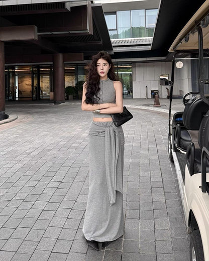 NA+ 休閒穿彈力排扣背心 扭結半身裙 灰