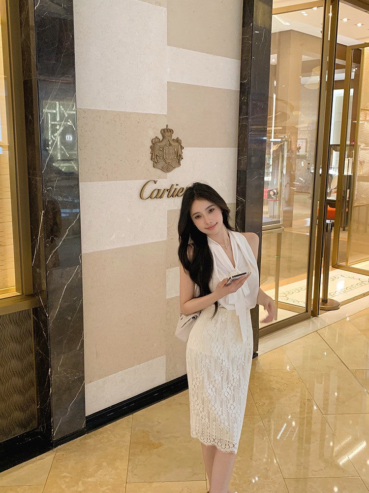 ''Na+''冰島慕斯 氣質法式緞面上衣 蕾絲半身裙