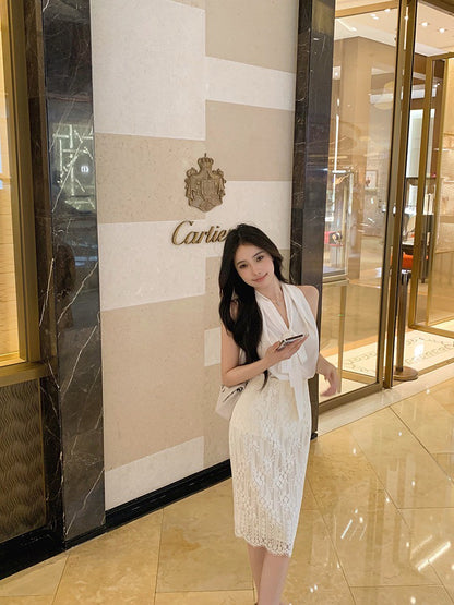 ''Na+''冰島慕斯 氣質法式緞面上衣 蕾絲半身裙