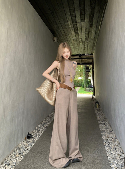Na+ 不規則設計感針織背心 高腰通勤老錢休閒褲 卡其