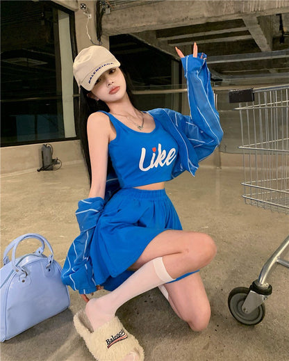 NA+ 美式辣妹寶藍背心套裝 防曬條紋罩衫