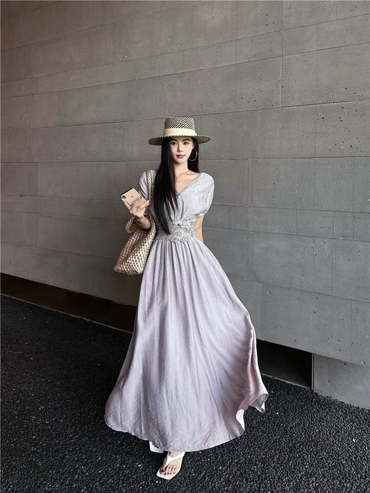 NA+ 定染法式紫水晶收腰V領連身洋裝