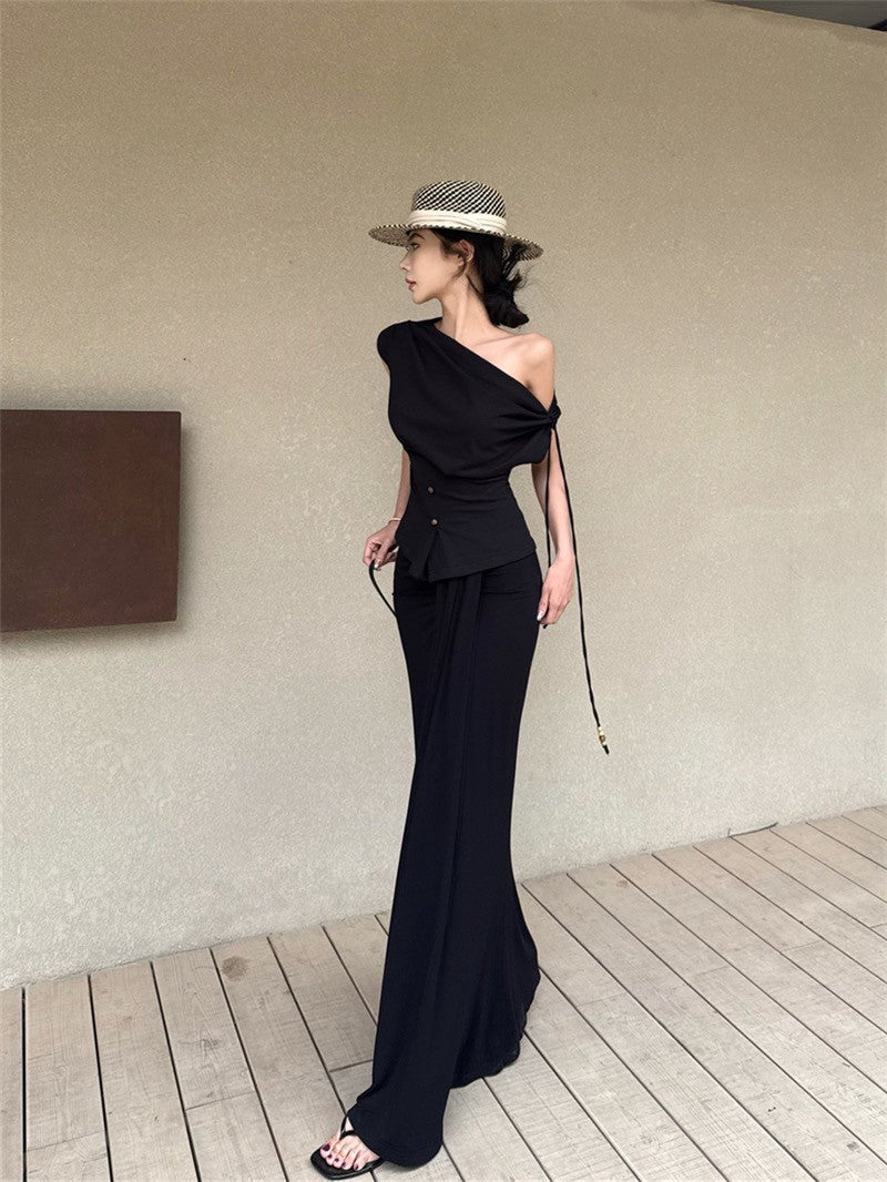 NA+ 老錢靜奢多穿法收腰上衣 繫帶半身裙 黑