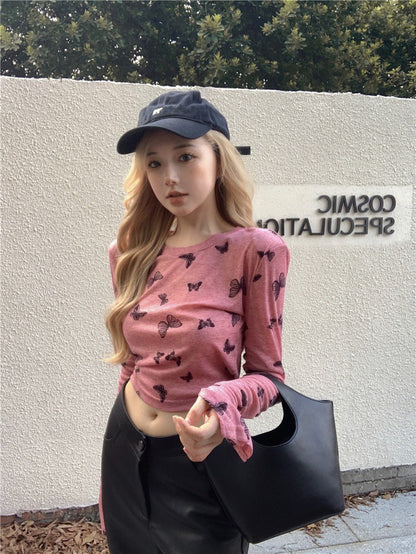 Na+ Lucky蝴蝶印花透視彈力上衣 粉