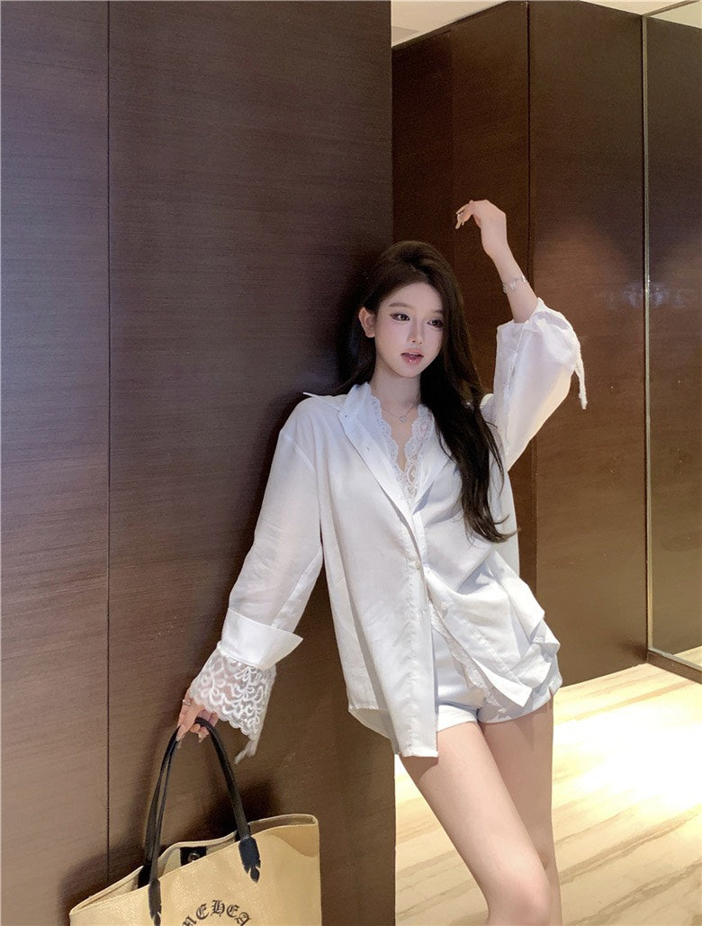 NA+ 純色蕾絲百搭夾兩件拼接襯衫