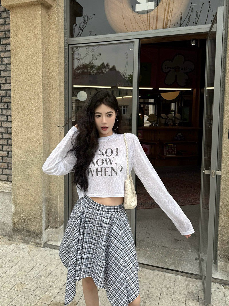 NA+ 百搭休閒空調雪花棉上衣 白/黑 不規則格紋半身裙 黑