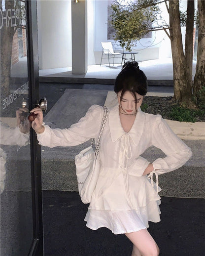 NA+ 初戀甜美緹花翻領繫帶襯衫 蛋糕半身裙