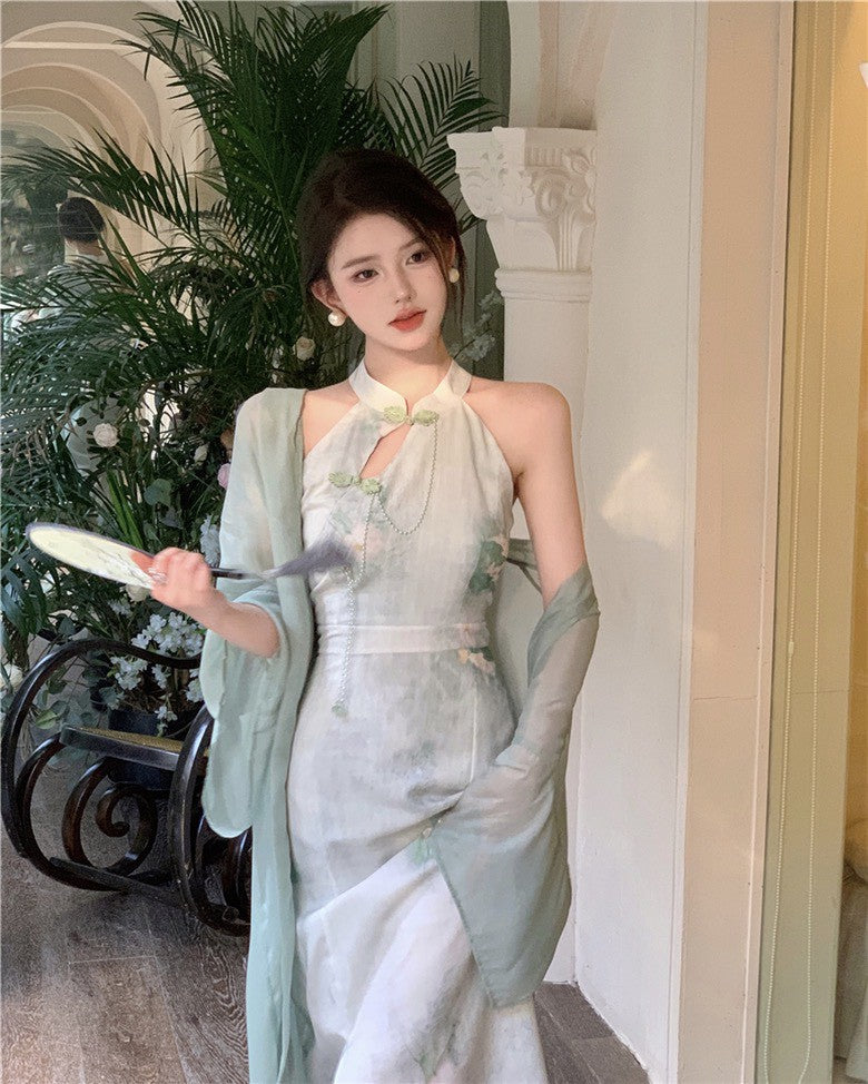 NA+ 禪意中式國風旗袍連身裙 雪紡罩衫 綠