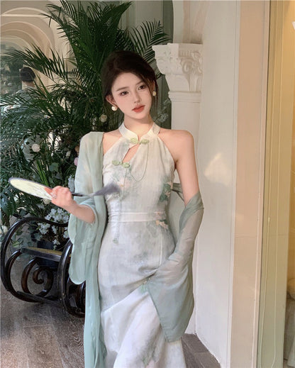 NA+ 禪意中式國風旗袍連身裙 雪紡罩衫 綠