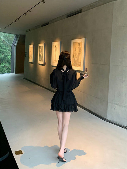 NA+ 超人氣主播透紗2件式上衣 荷葉半身裙 黑