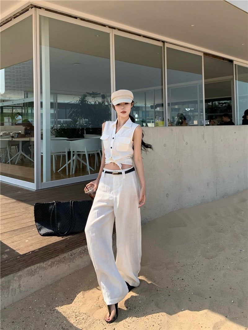 NA+ 老錢vibe 高量亞麻簡約背心/高腰休閒褲 白
