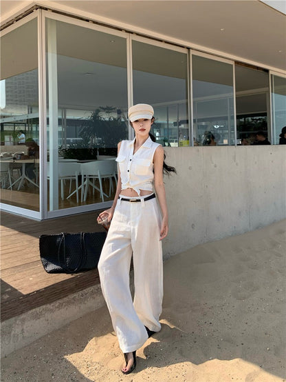 NA+ 老錢vibe 高量亞麻簡約背心/高腰休閒褲 白
