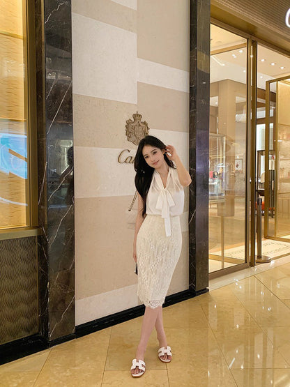 ''Na+''冰島慕斯 氣質法式緞面上衣 蕾絲半身裙