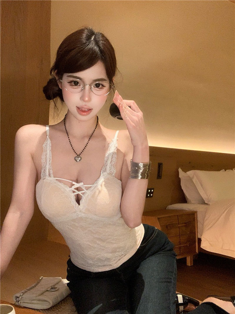 NA+ 甜心公主 緹花蕾絲V領背心 杏