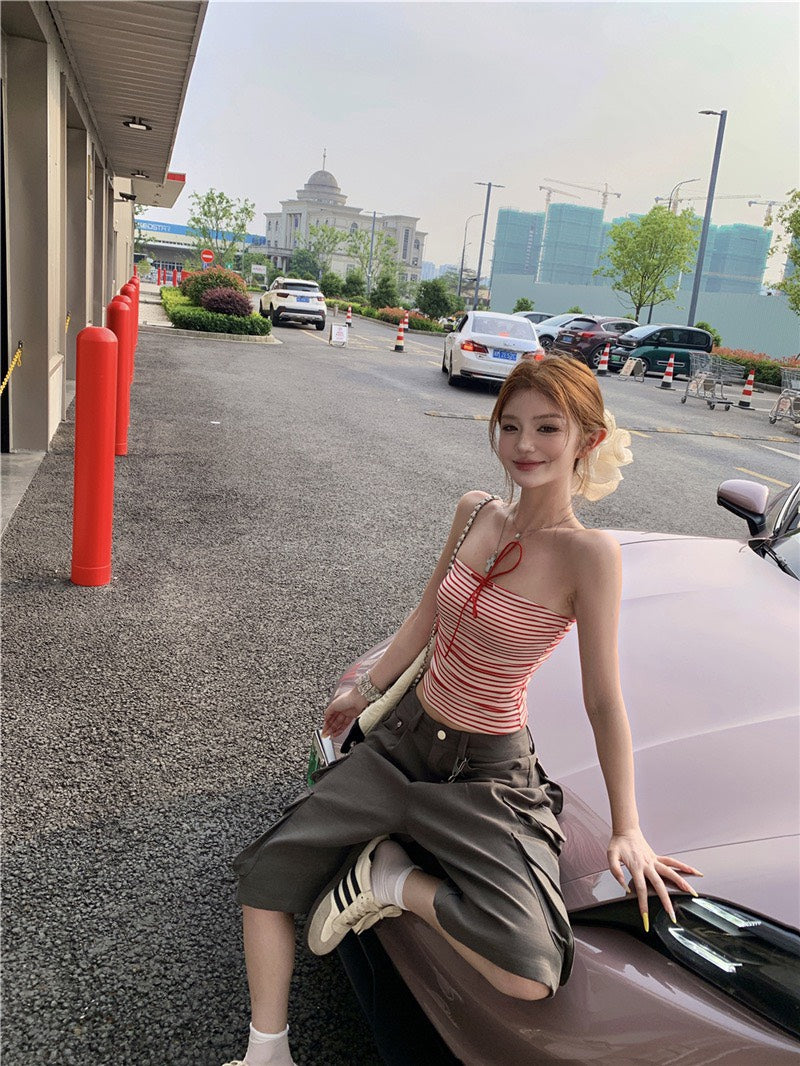 NA+ 美式口袋工裝5分褲/條紋抹胸