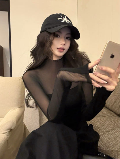 NA+ 歐美性感透視感拼接刷毛上衣 黑