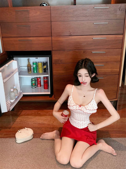 Na+ 居家愛穿 低V荷葉細肩背心 波點款/豹紋花