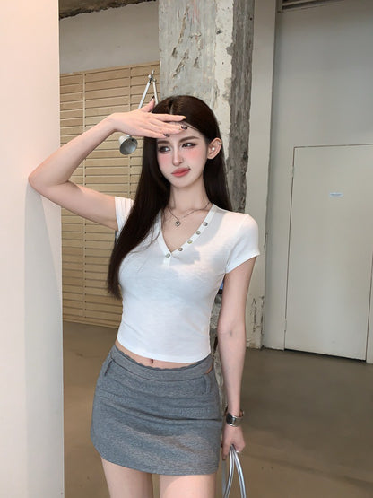 NA+ 性感假兩件燙鑽中低腰半身裙 黑/灰/白（加購價不單售）