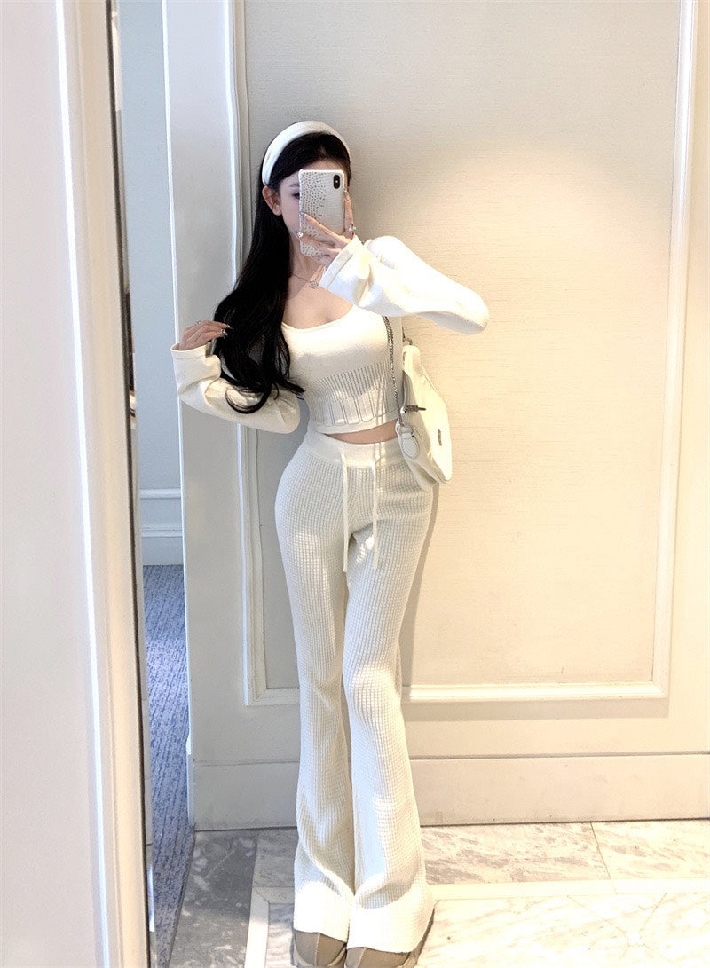 NA+ 韓系人 時髦針織修身喇叭袖上衣/休閒褲  杏