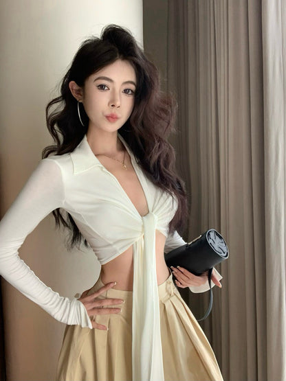 NA+ 性感辣妹polo領短款綁帶上衣 米