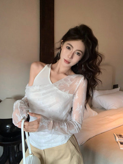 NA+ 造型偷心蕾絲假兩件式疊穿上衣 白