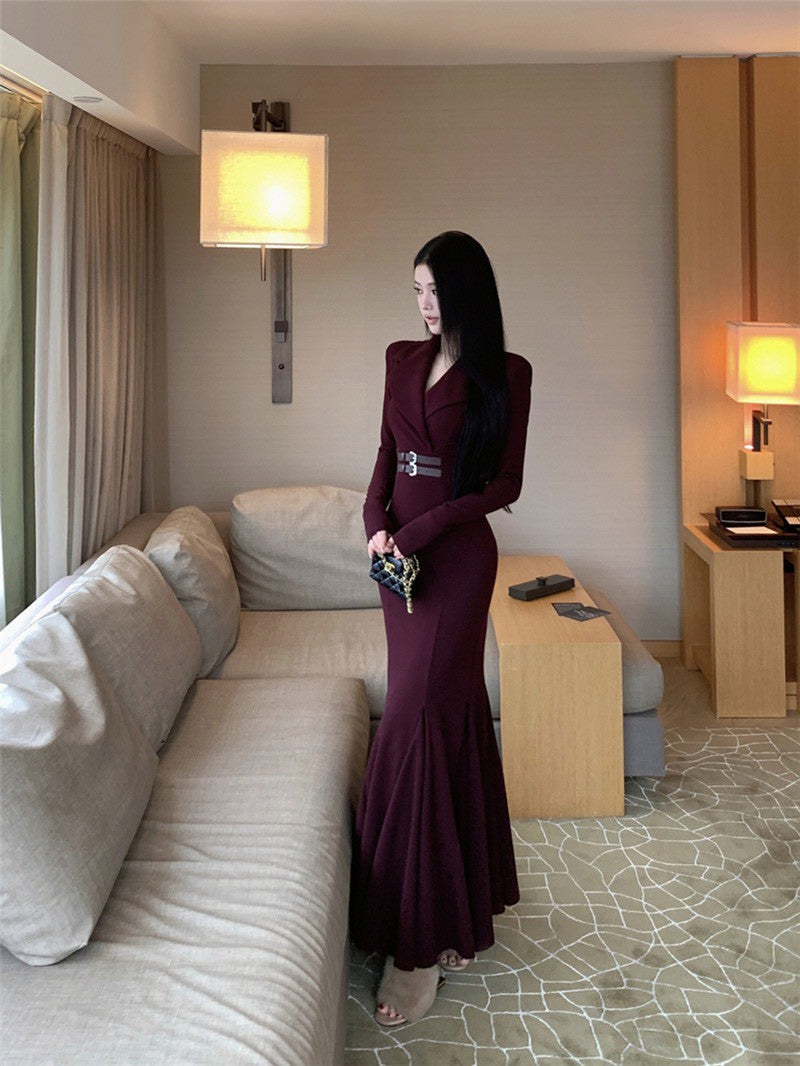 NA+ 性感掐腰西裝式V領收腰魚尾連身裙 紫/黑