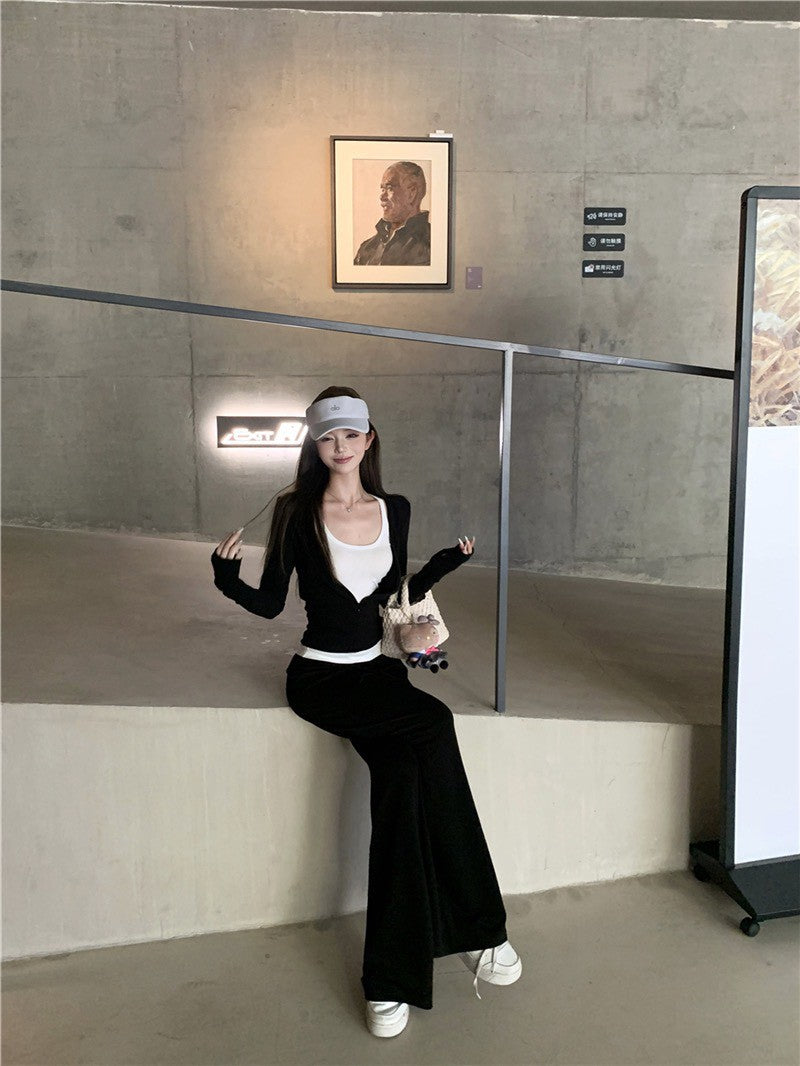 NA+ 通勤基礎修身拉鍊外套抽繩褲套裝 黑