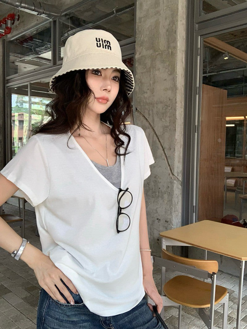 NA+ 寬鬆假兩件慵懶雪花棉T恤 白/灰