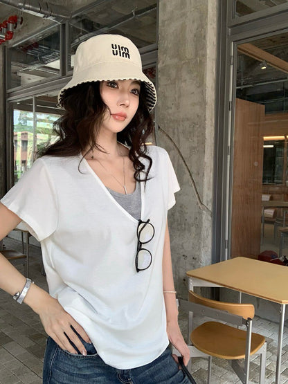 NA+ 寬鬆假兩件慵懶雪花棉T恤 白/灰