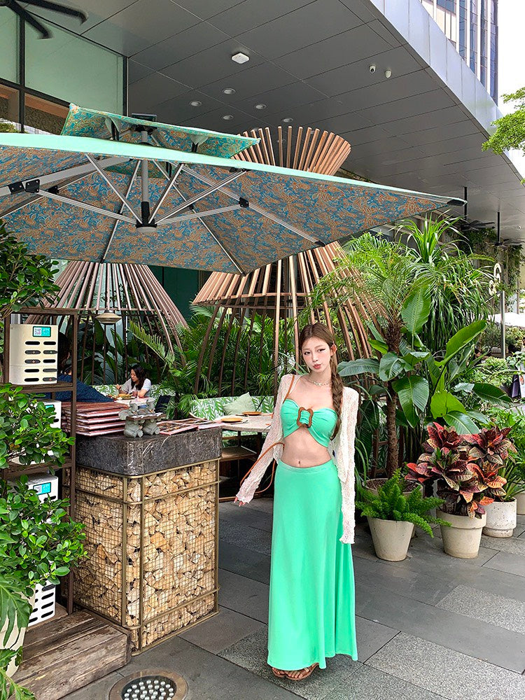 NA+ 度假風情小清新綠色抹胸 大裙擺半身裙 透感防曬外套