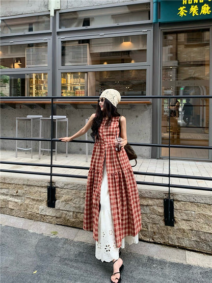 Na+ 高顏值日系 紅色格紋兩穿連身裙