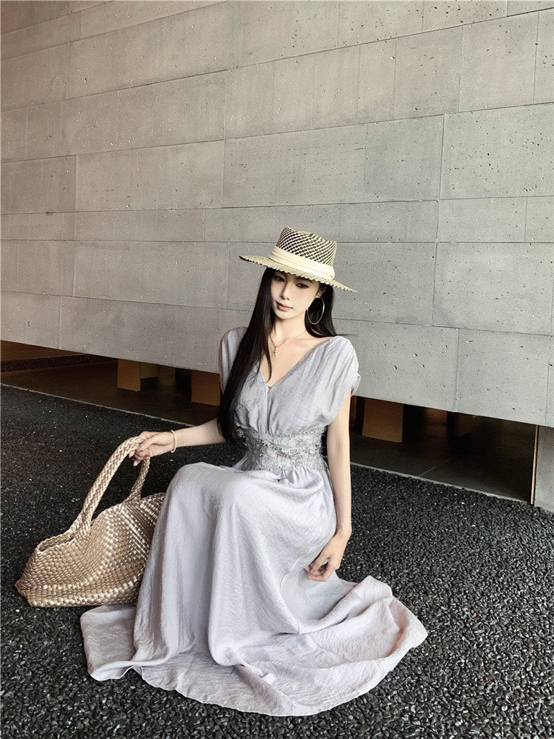 NA+ 定染法式紫水晶收腰V領連身洋裝