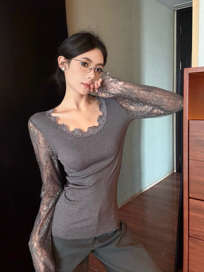 NA+ 不簡單打底蕾絲拼接針織上衣 灰