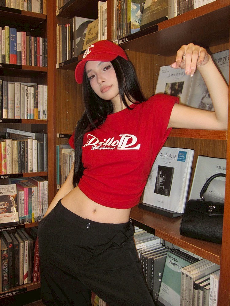 ''Na+''美式DL墊肩收腰字母辣妹上衣 紅