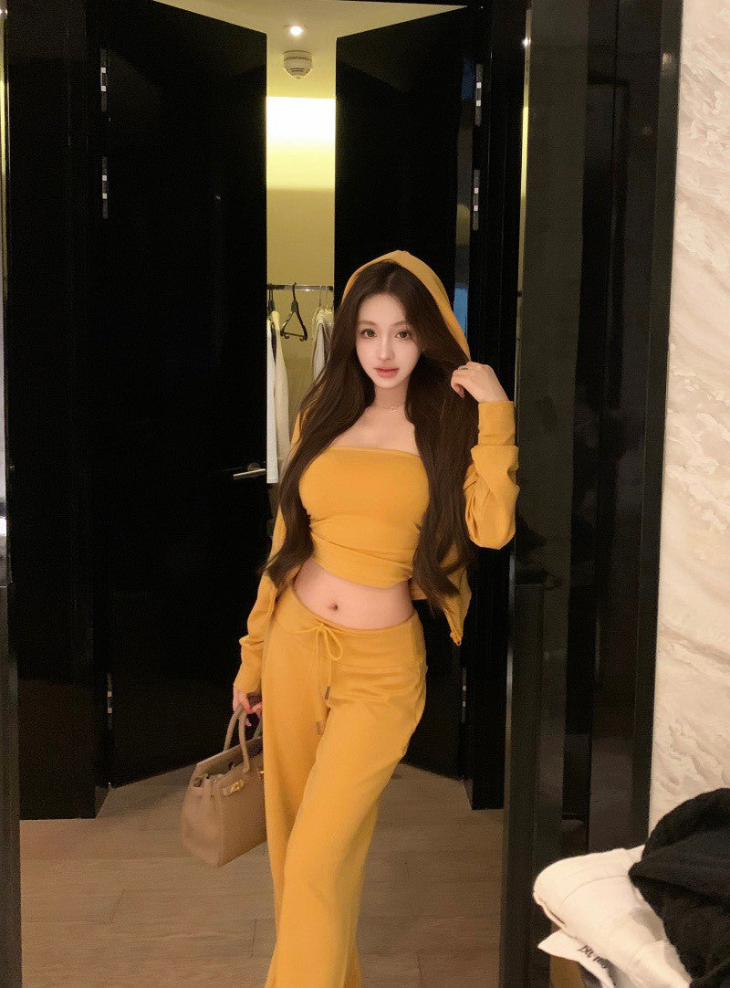 NA+ 歐美女 休閒時髦抹胸收腰外套套裝 抽繩休閒褲 黃