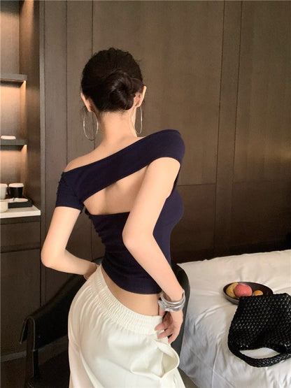 Na+ 歐美辣妹不規則一字露背彈力上衣 藍